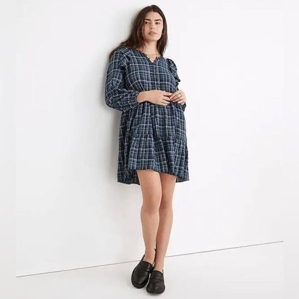 Madewell Ruffle Trimmed Midi Dress Peasant Plaid Gauze Cottagecore Boho Blue L